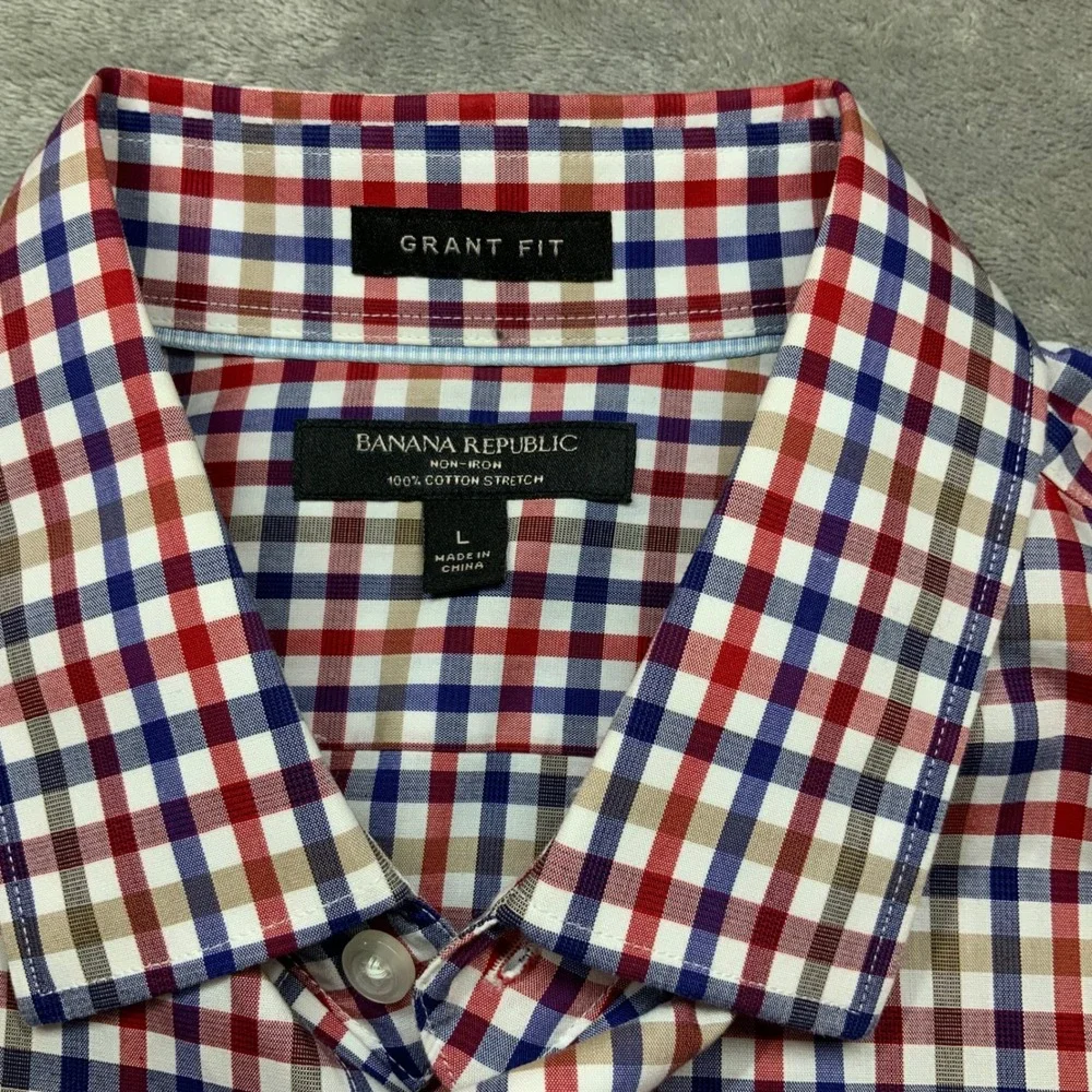 Banana Republic Grant Fit Shirt Mens Large Red Blue Gingham NoIron Stretch Shirt